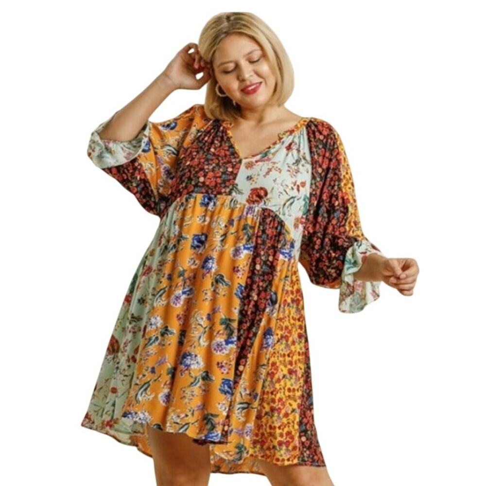 UMGEE Sunshine Honey Mixed Floral Print Babydoll Dress Sizes Medium or Large